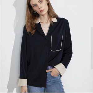 J.ING Maudie Silk Collared Blouse Navy Blue/Biege